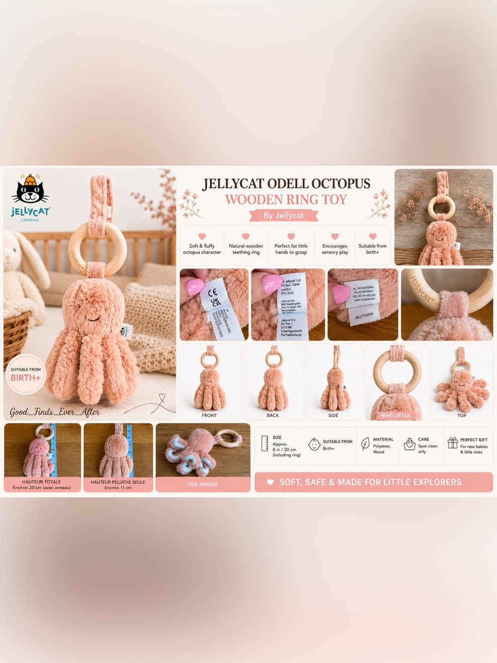 Jellycat Odell Octopus Teether Toy - Blush Pink